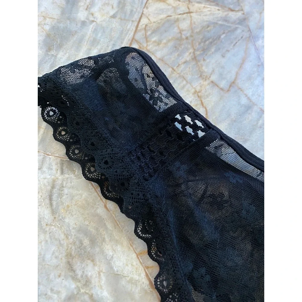 Black Floral Sheer Lace Thong Scalloped Eyelash Trim Pink Bow Low Rise Lingerie